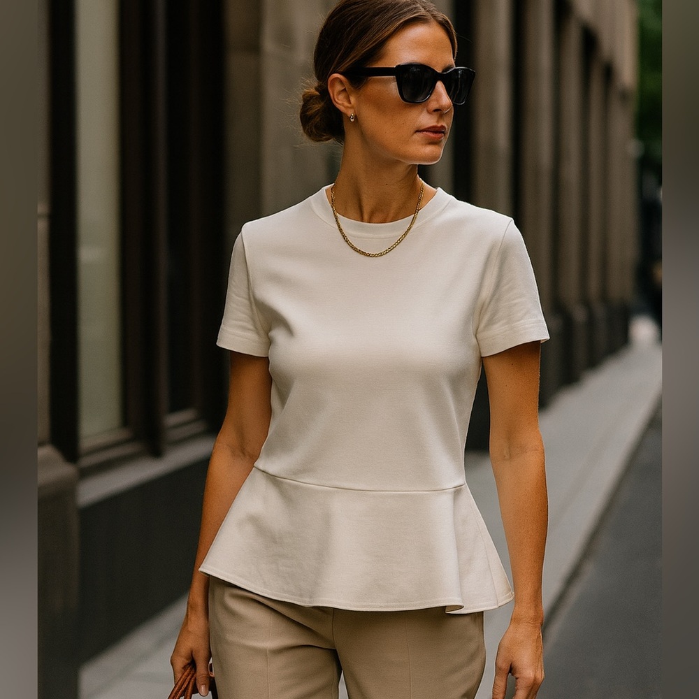 Brunello Cucinelli Short Sleeve Peplum Top Off White Medium Hanger 34 Italy 6 - Picture 3 of 14